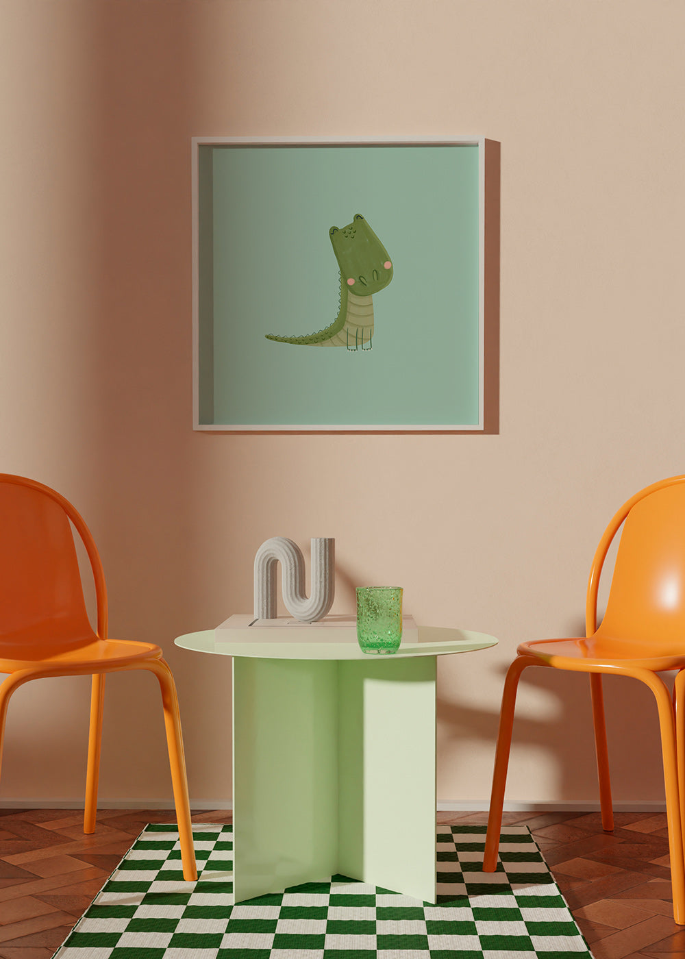 Plakat dziecięcy uśmiechnięty krokodyl na miętowym tle