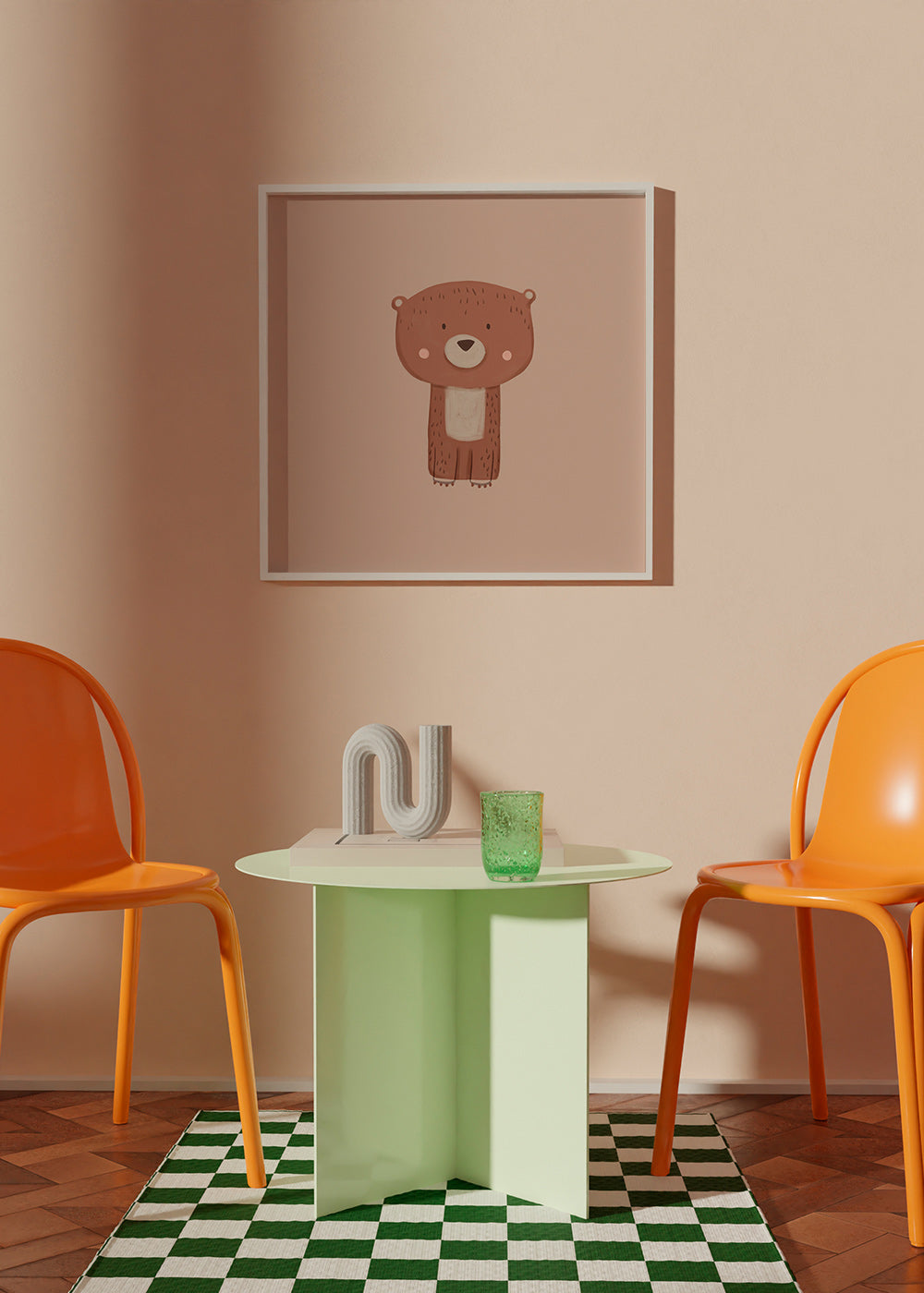 Plakat z ilustrowanym niedźwiedziem