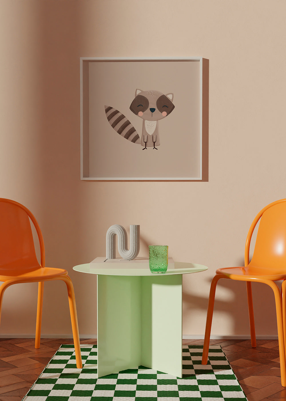 Plakat dziecięcy: uśmiechnięty szop na beżowym tle