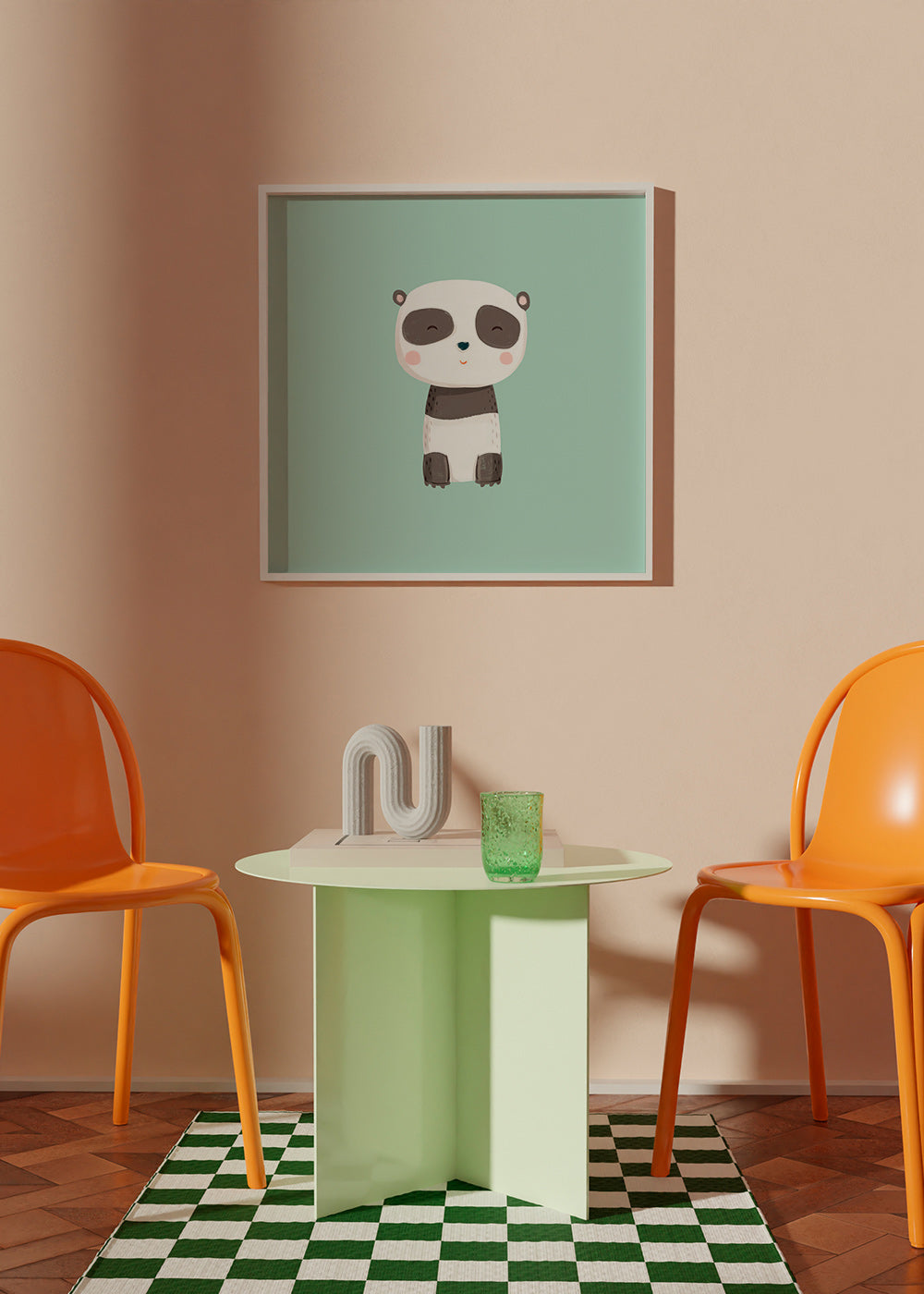 Plakat dziecięcy z uśmiechniętym pandą na miętowym tle