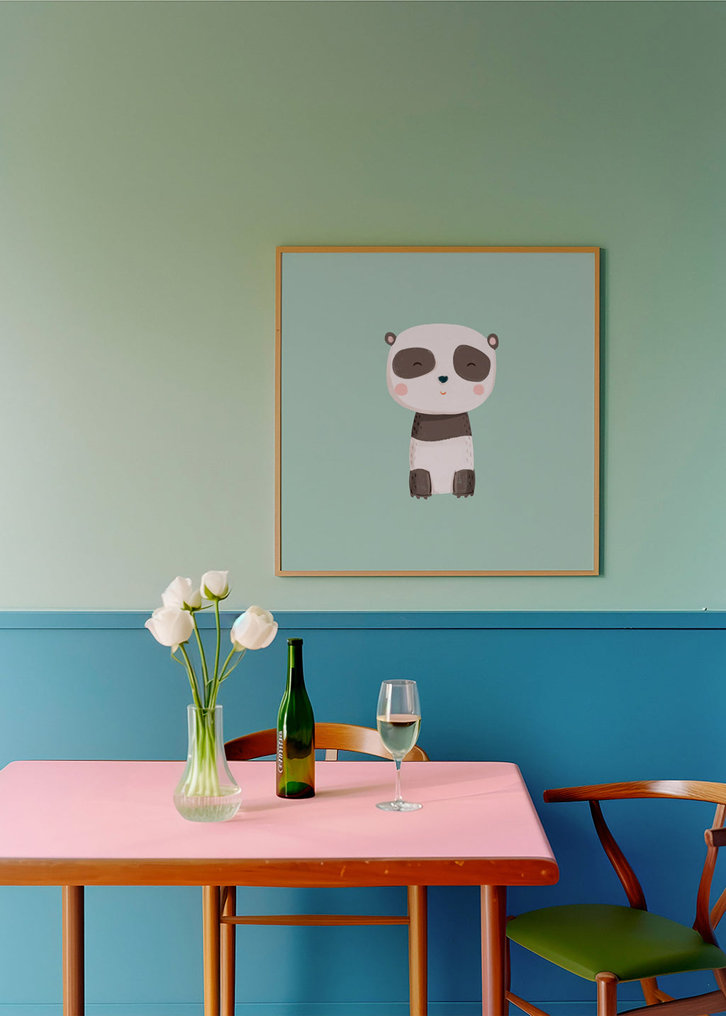 Plakat dziecięcy z uśmiechniętym pandą na miętowym tle