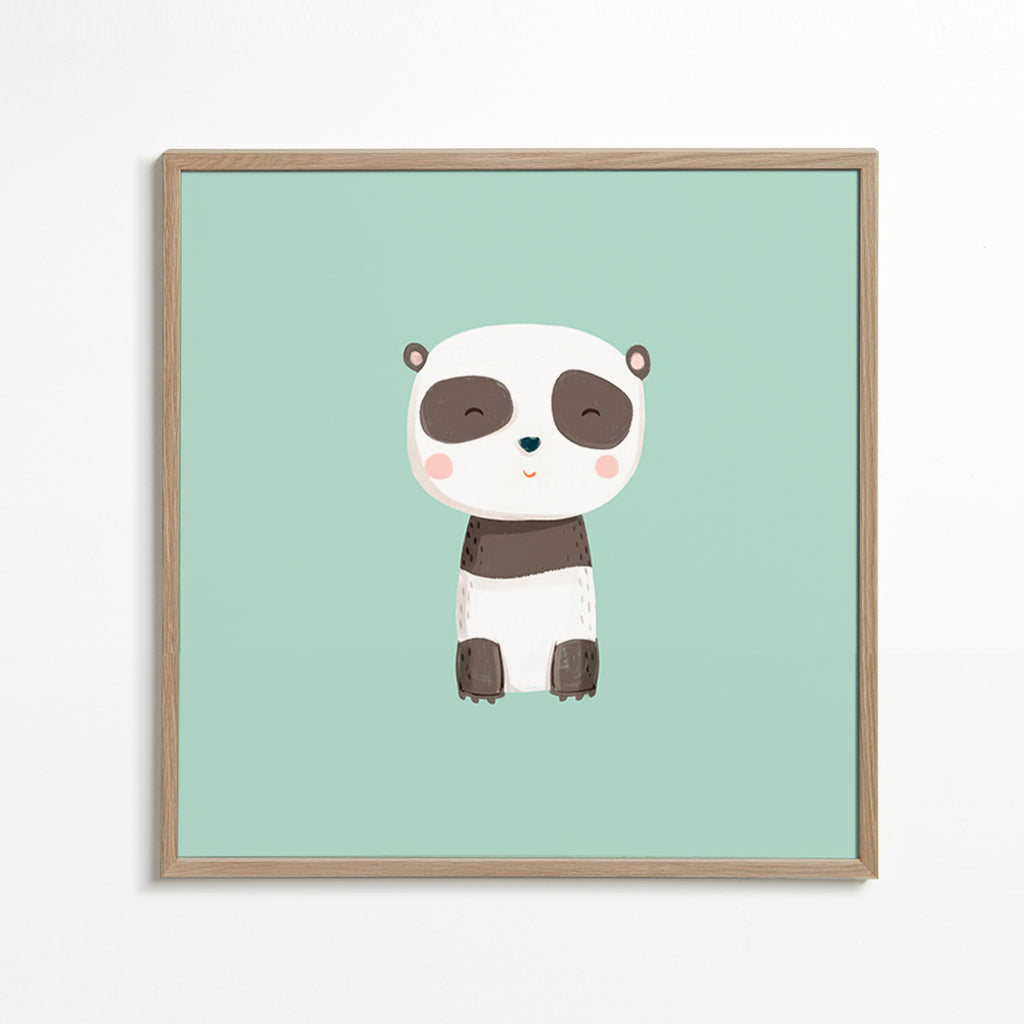 Plakat dziecięcy z uśmiechniętym pandą na miętowym tle