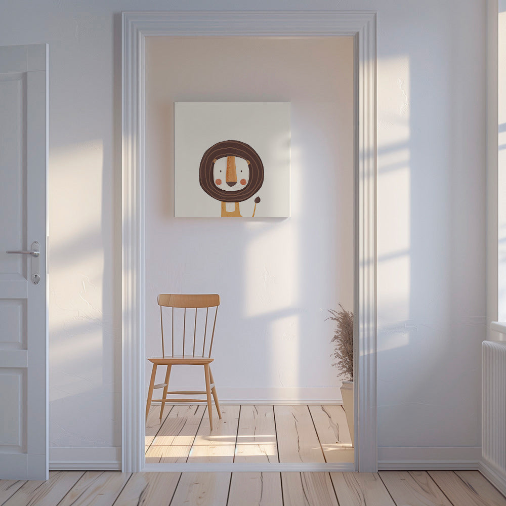 Plakat dziecięcy z uśmiechniętym lwem w stylu minimalistycznym