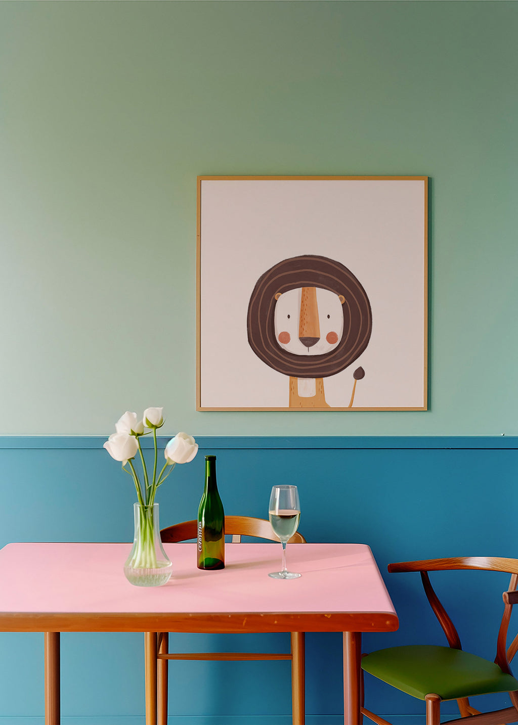 Plakat dziecięcy z uśmiechniętym lwem w stylu minimalistycznym