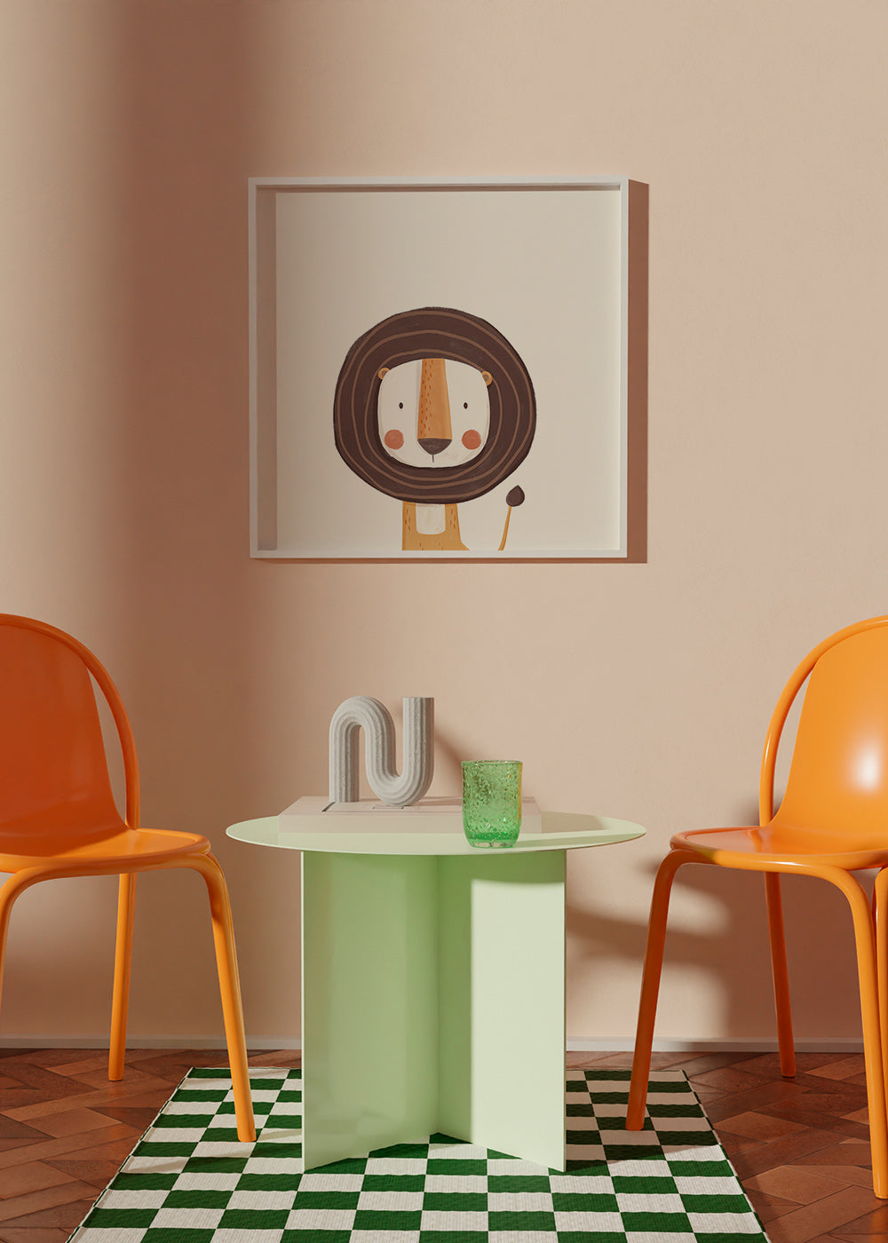 Plakat dziecięcy z uśmiechniętym lwem w stylu minimalistycznym