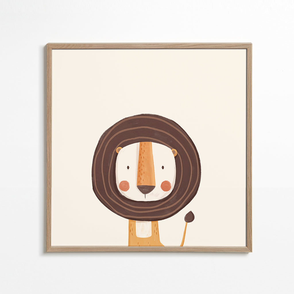 Plakat dziecięcy z uśmiechniętym lwem w stylu minimalistycznym