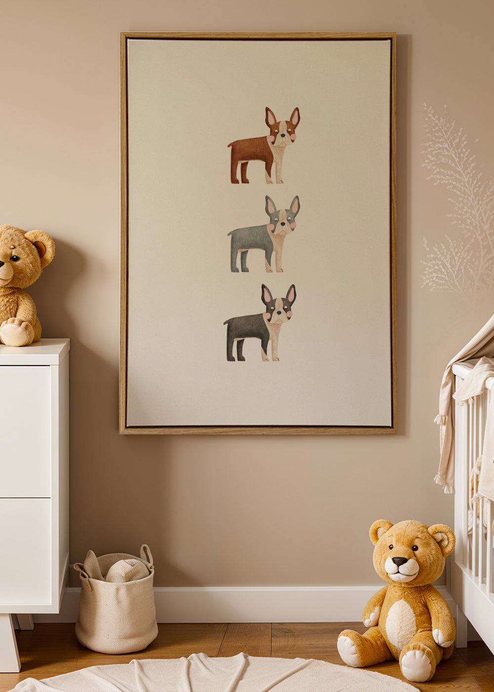 Three Boston Terrier Dogs - Framed canvas in an interior