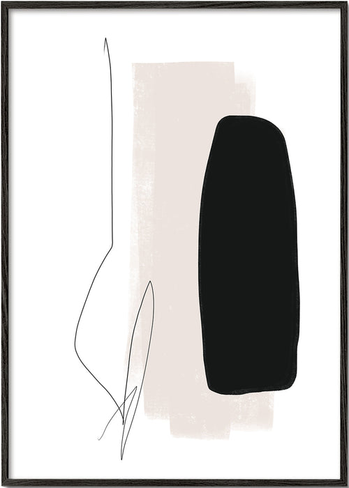 Minimalistyczny plakat z czarną formą i organiczną linią