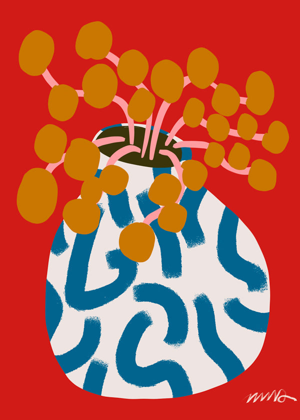 Plakat botaniczny z wazonem i złotymi kwiatami