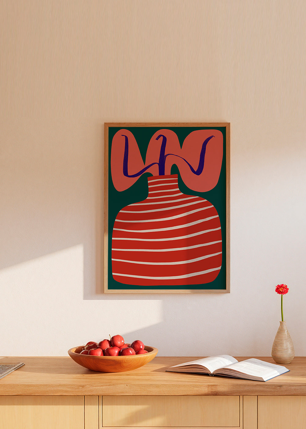 Plakat botaniczny z czerwonym wazonem w paski