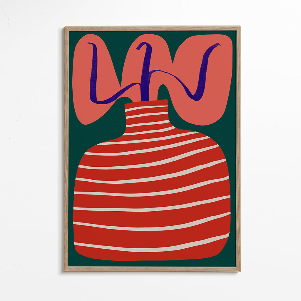 Plakat botaniczny z czerwonym wazonem w paski