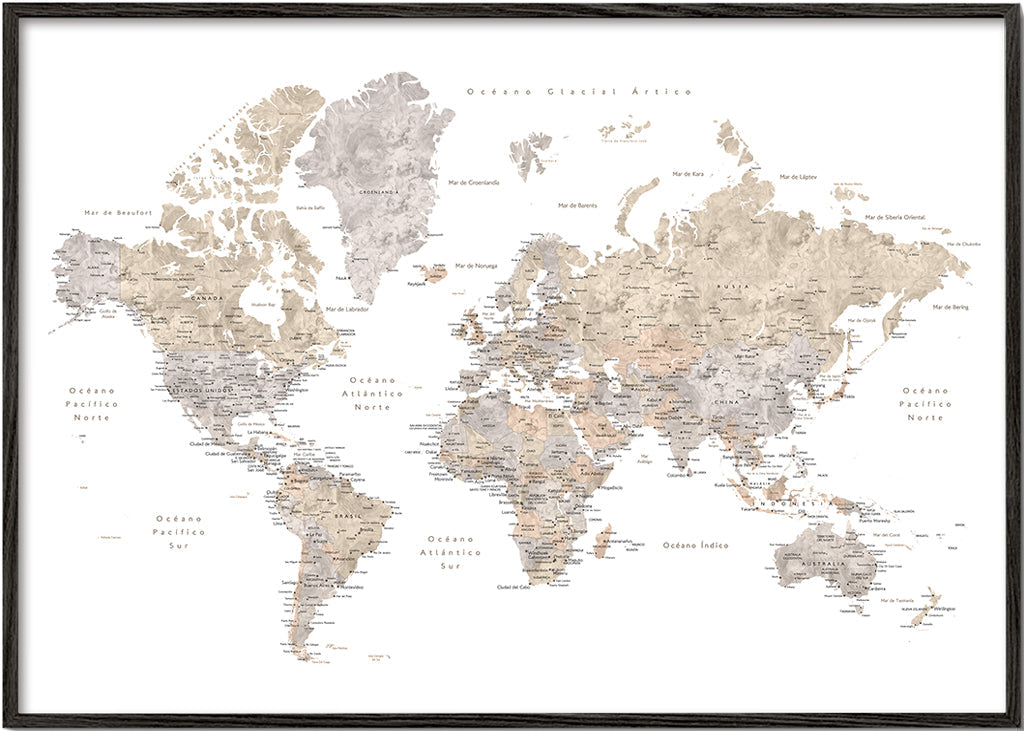 Mapa świata w odcieniu taupe