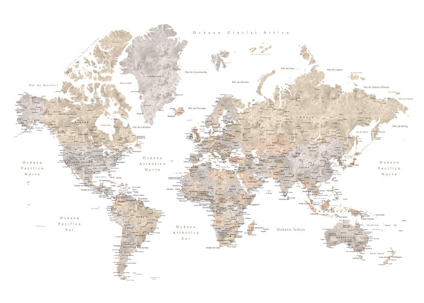 Mapa świata w odcieniu taupe