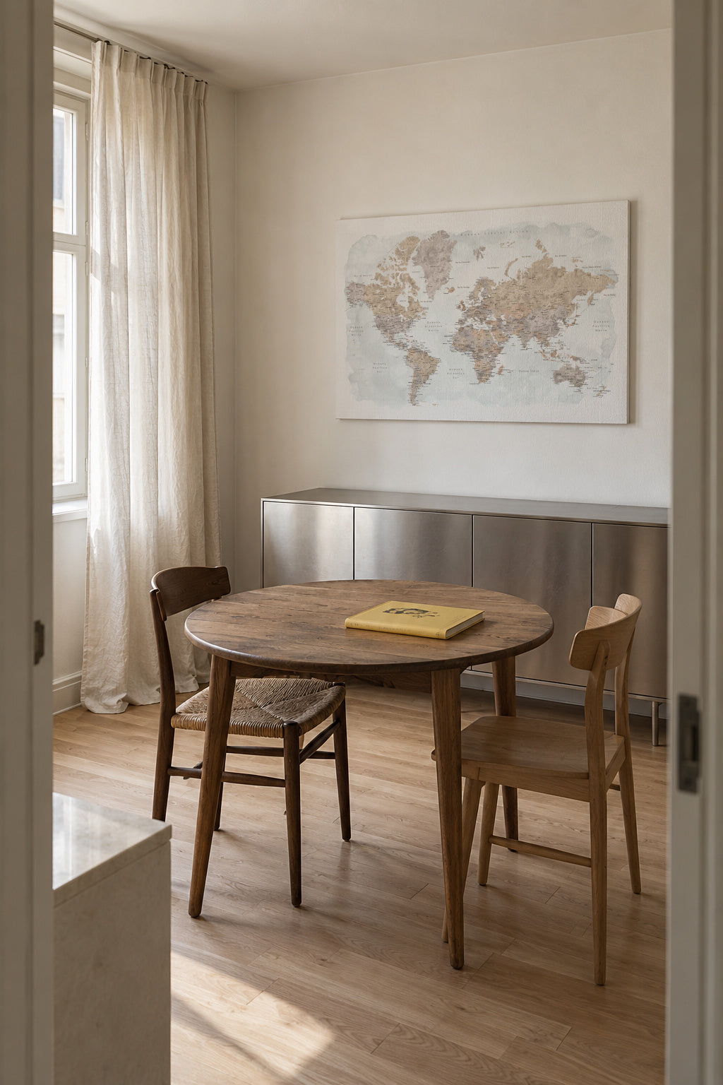 Detailed watercolor world map with labels in Spanish, Calista - Unframed canvas in an interior