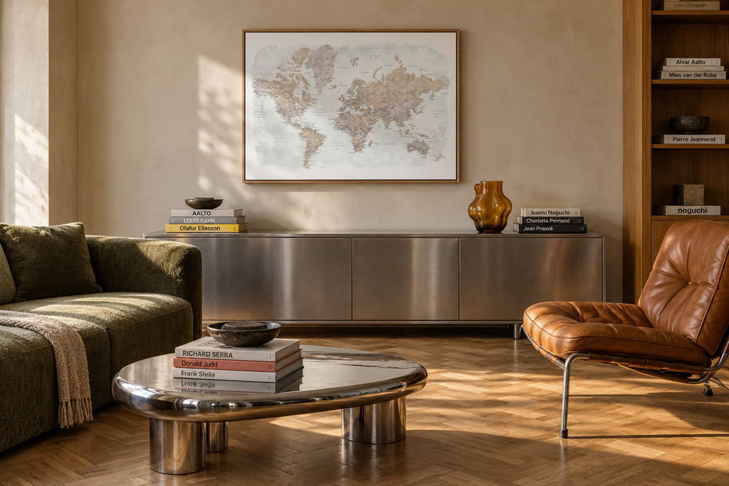 Detailed watercolor world map with labels in Spanish, Calista - Framed canvas in an interior