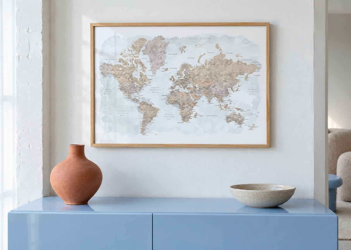 Detailed watercolor world map with labels in Spanish, Calista - Framed poster in an interior