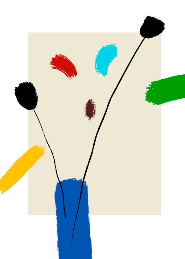 Plakat botaniczny: Wesołe kwiaty w niebieskim wazonie