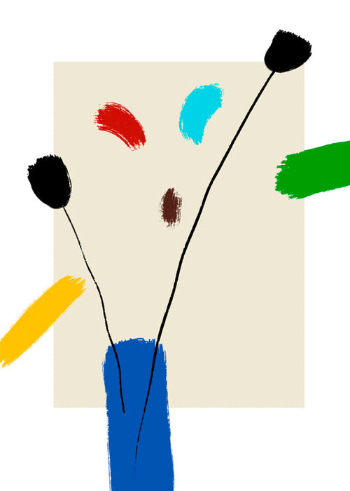 Plakat botaniczny: Wesołe kwiaty w niebieskim wazonie