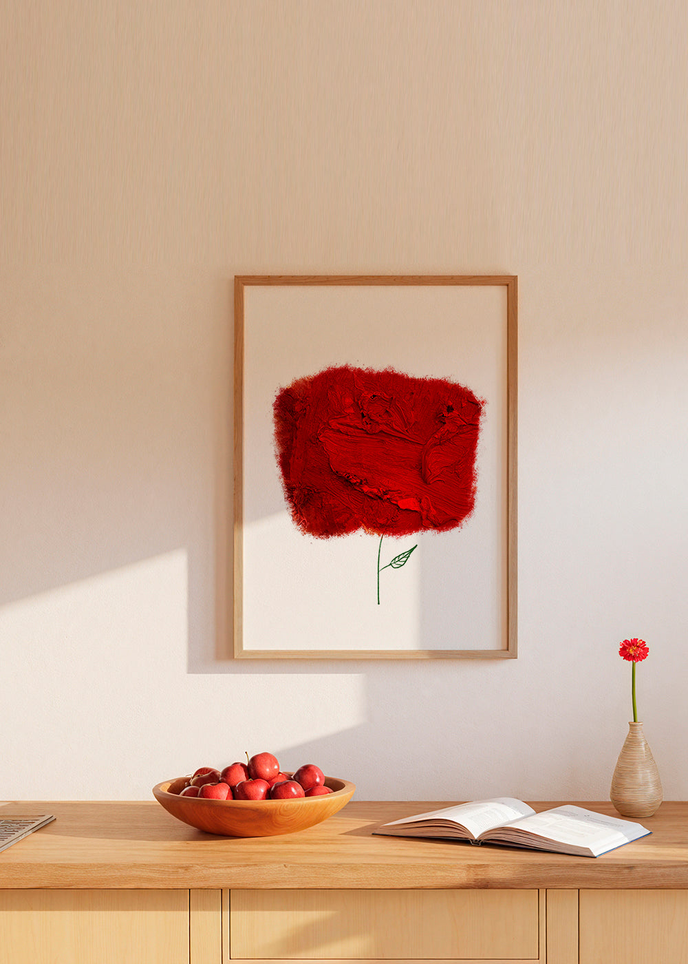 Plakat botaniczny z czerwonym teksturowanym kwiatem