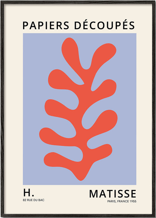 Plakat botaniczny w stylu Matisse: czerwone liście na niebieskim tle