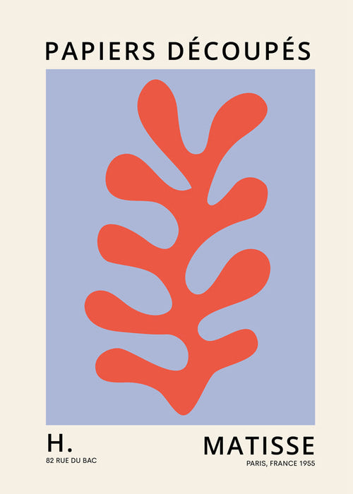 Plakat botaniczny w stylu Matisse: czerwone liście na niebieskim tle
