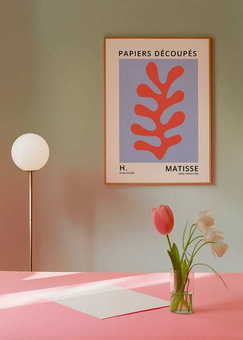 Plakat botaniczny w stylu Matisse: czerwone liście na niebieskim tle