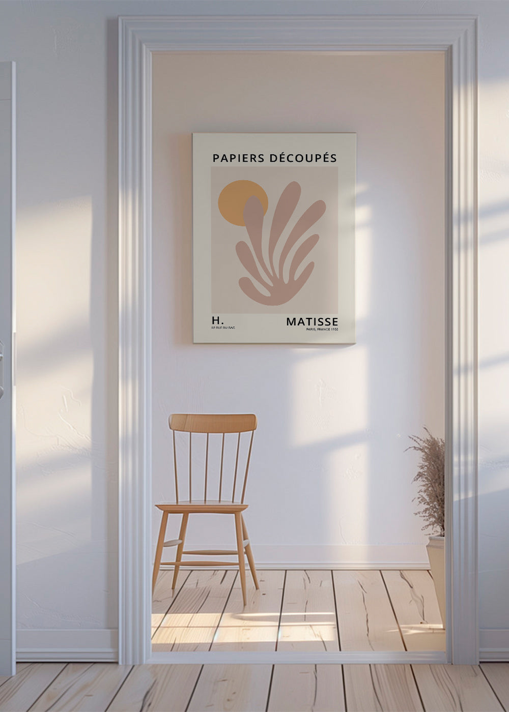 Plakat botaniczny: różowy wycięty kształt z słońcem
