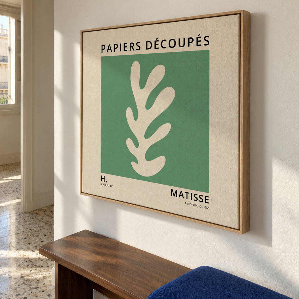 Henri Matisse GREEN papiers découpés II - Framed canvas in an interior