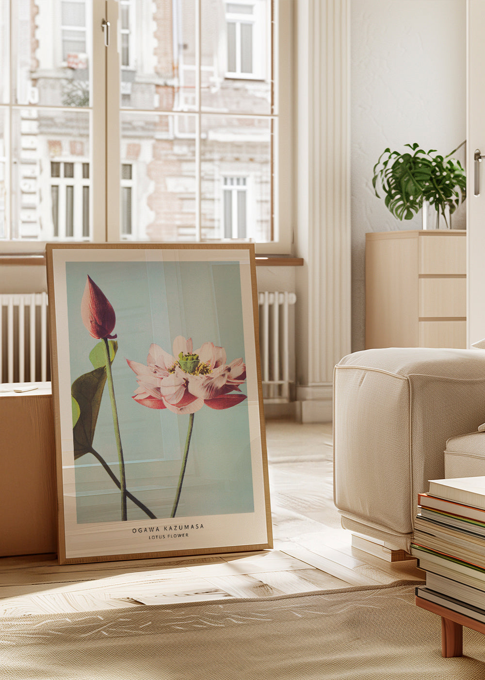 Plakat botaniczny lotos na niebieskim tle