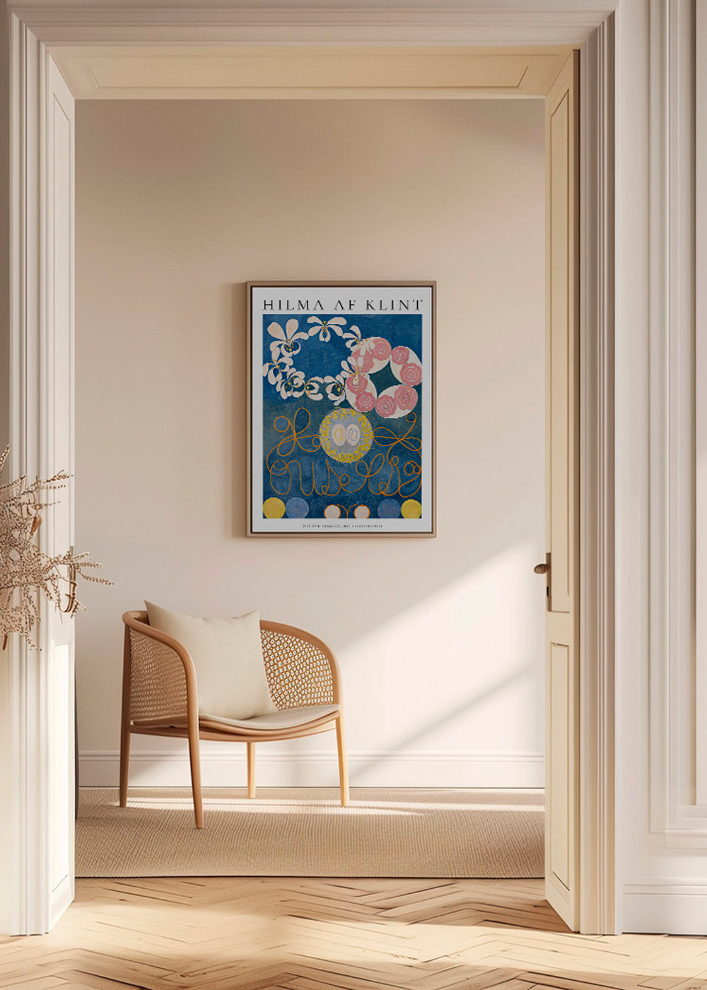 Plakat botaniczny z różami i motywami okręgów