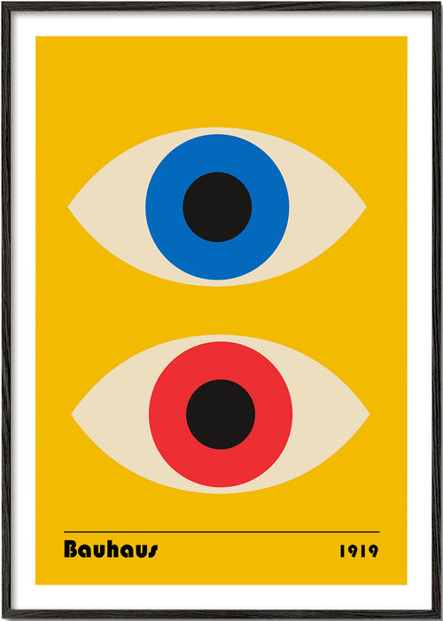 Plakat geometryczny Bauhaus z czerwonymi i niebieskimi oczami