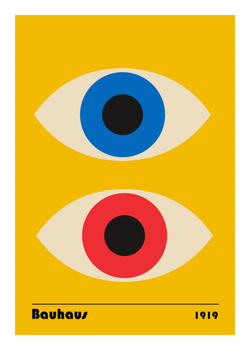 Plakat geometryczny Bauhaus z czerwonymi i niebieskimi oczami