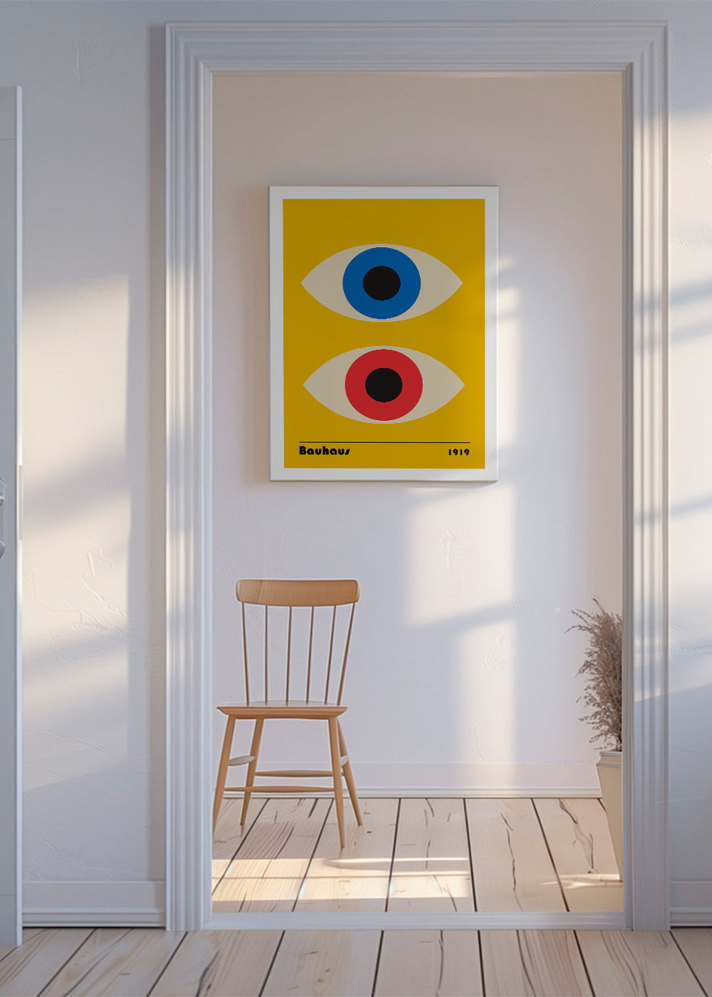 Plakat geometryczny Bauhaus z czerwonymi i niebieskimi oczami