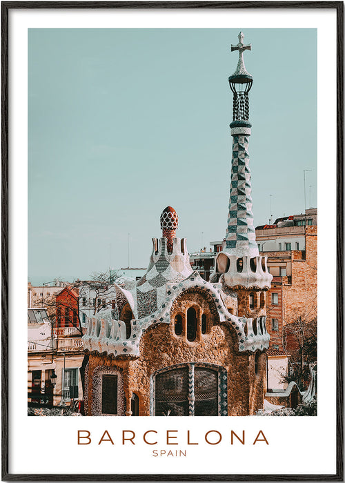 Plakat podróżniczy Barcelona: modernistyczna fasada z bliska