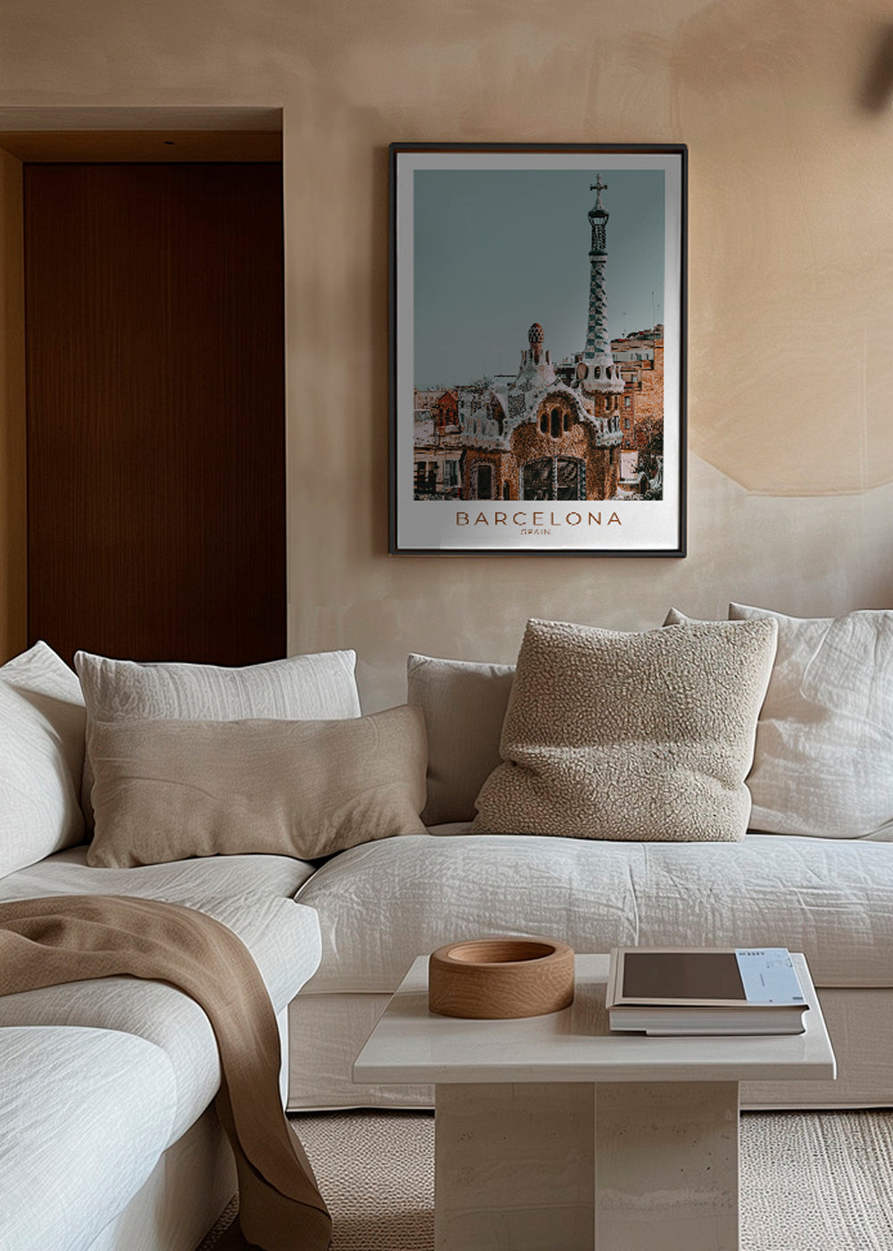 Plakat podróżniczy Barcelona: modernistyczna fasada z bliska
