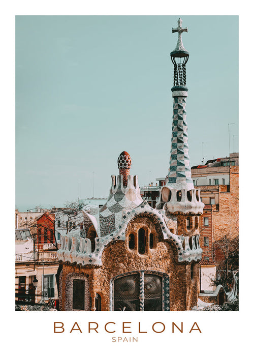Plakat podróżniczy Barcelona: modernistyczna fasada z bliska