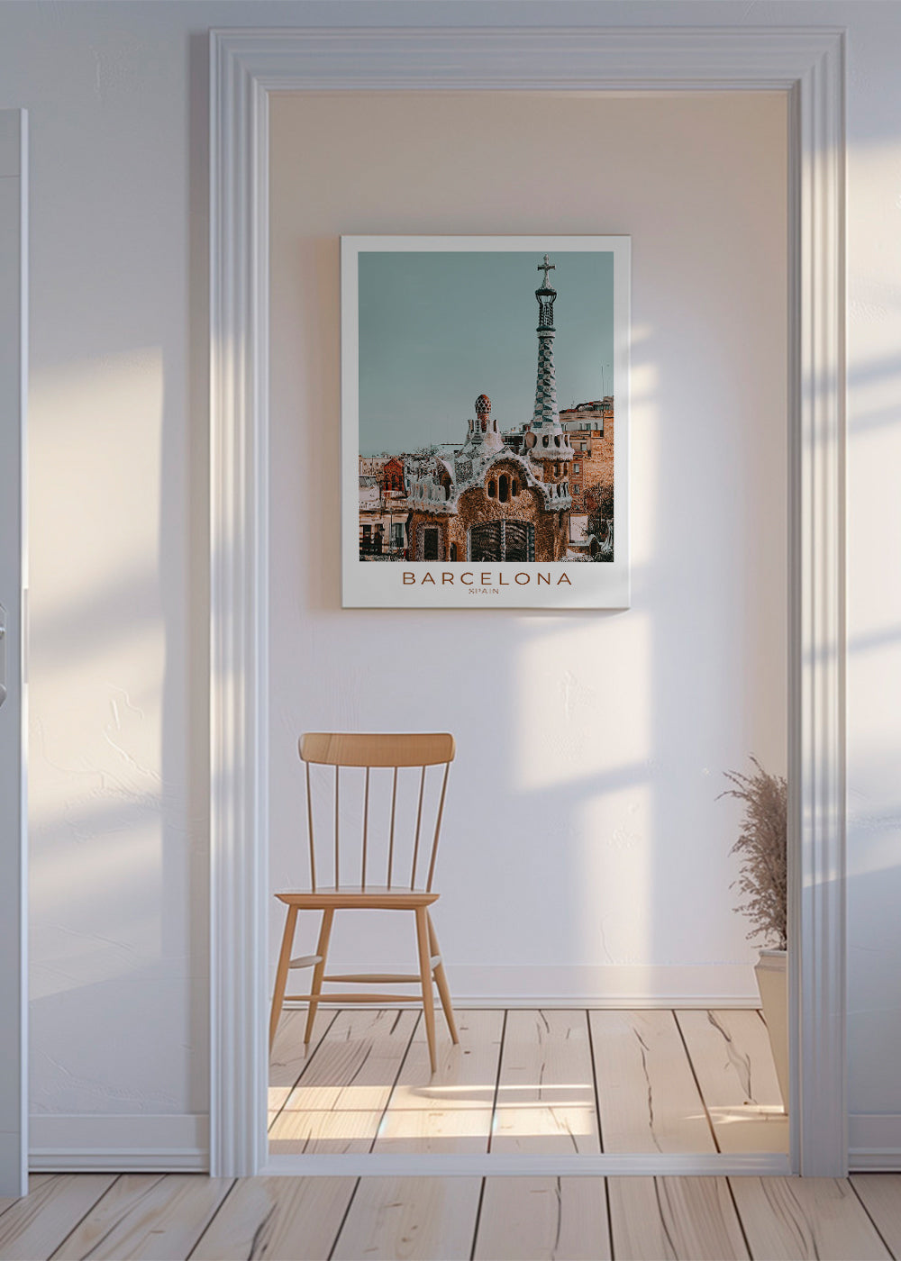 Plakat podróżniczy Barcelona: modernistyczna fasada z bliska