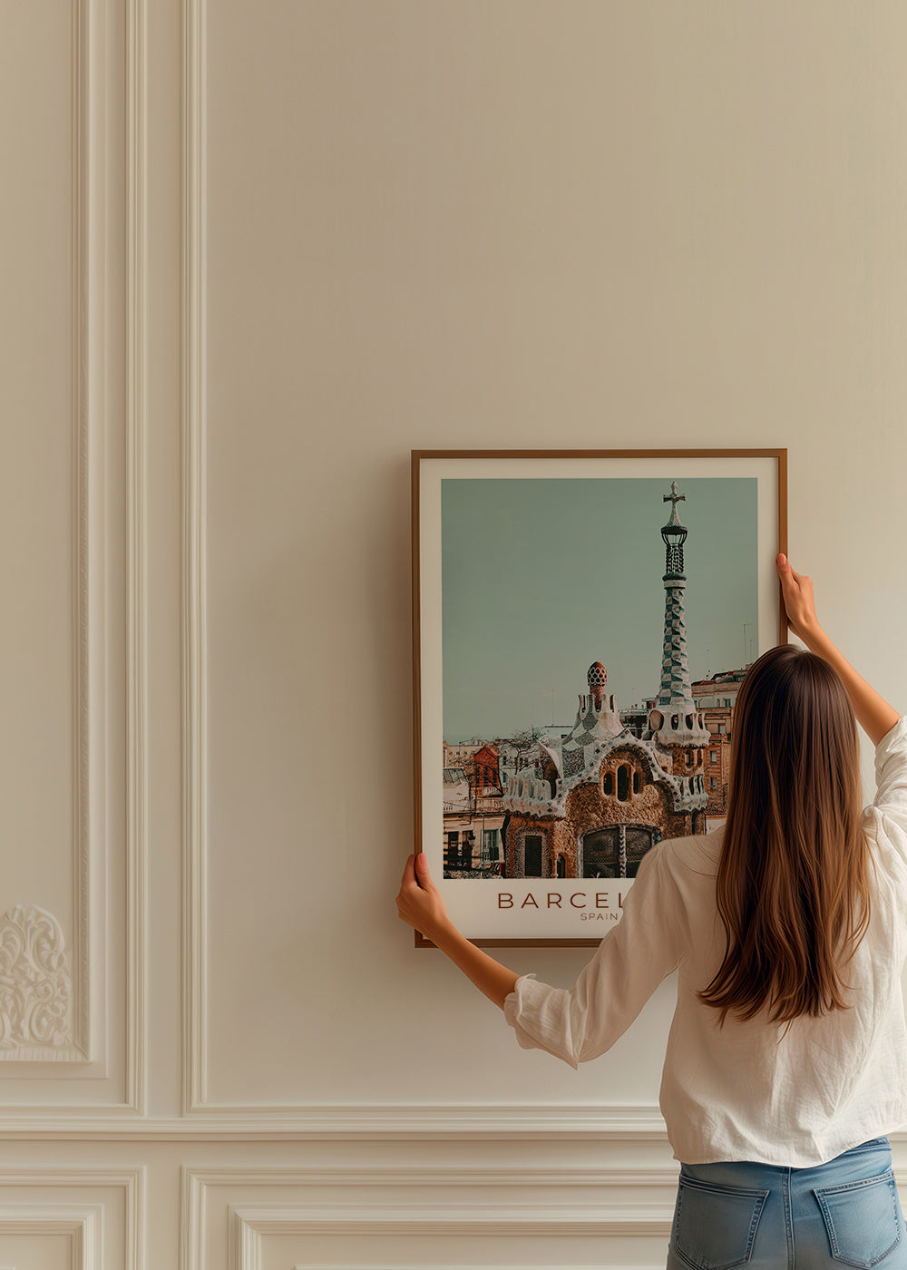Plakat podróżniczy Barcelona: modernistyczna fasada z bliska