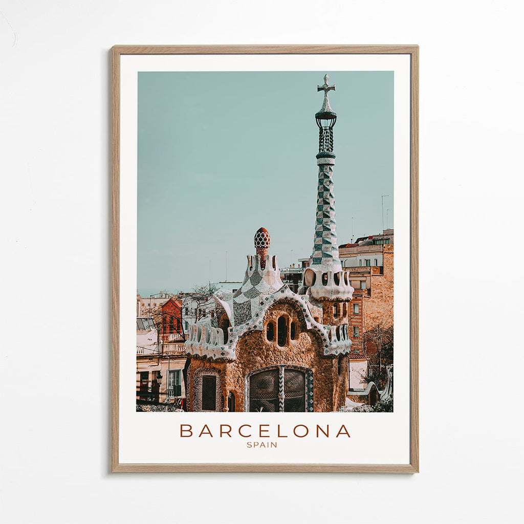 Plakat podróżniczy Barcelona: modernistyczna fasada z bliska