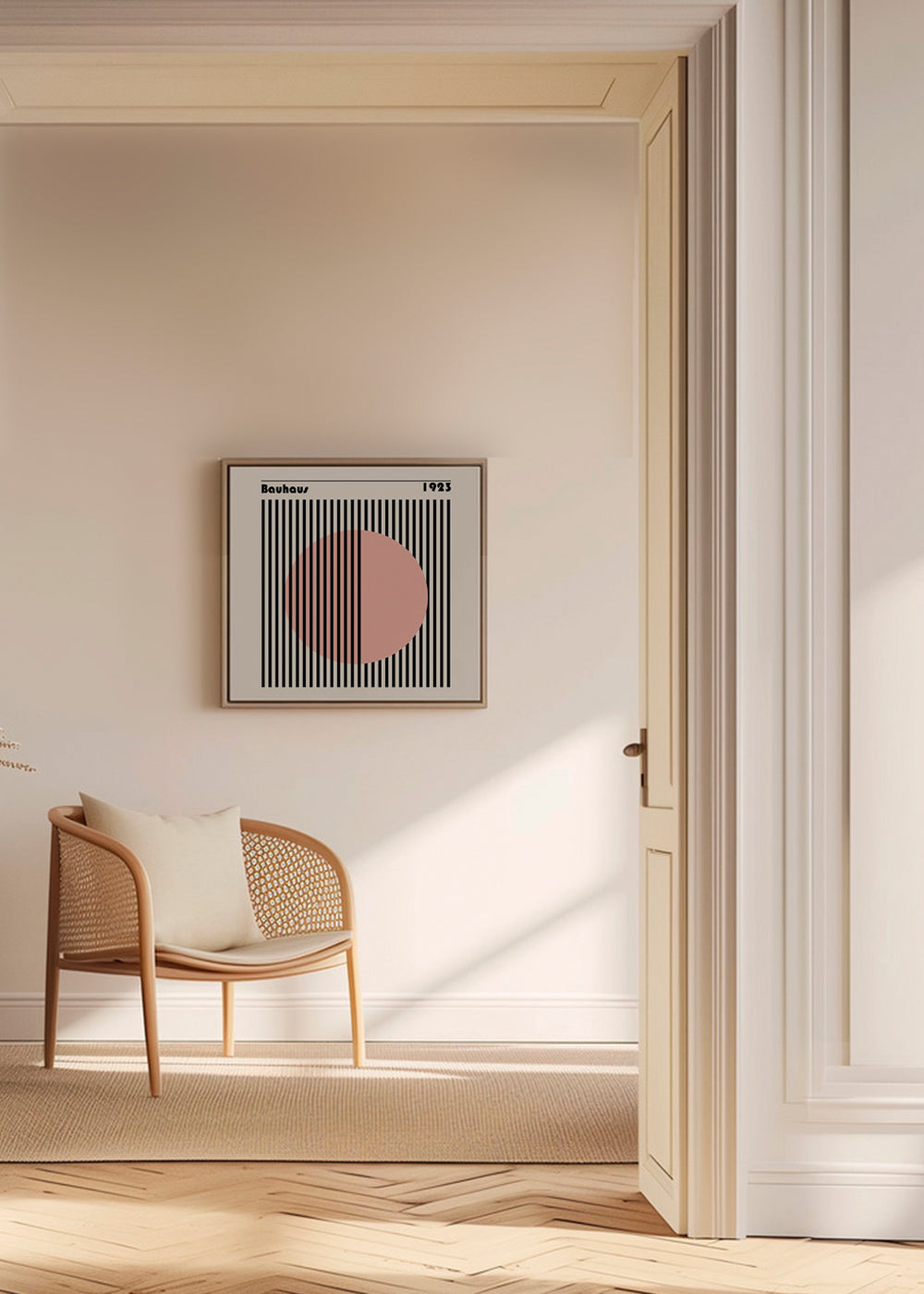 Plakat geometryczny Bauhaus różowy okrąg i paski