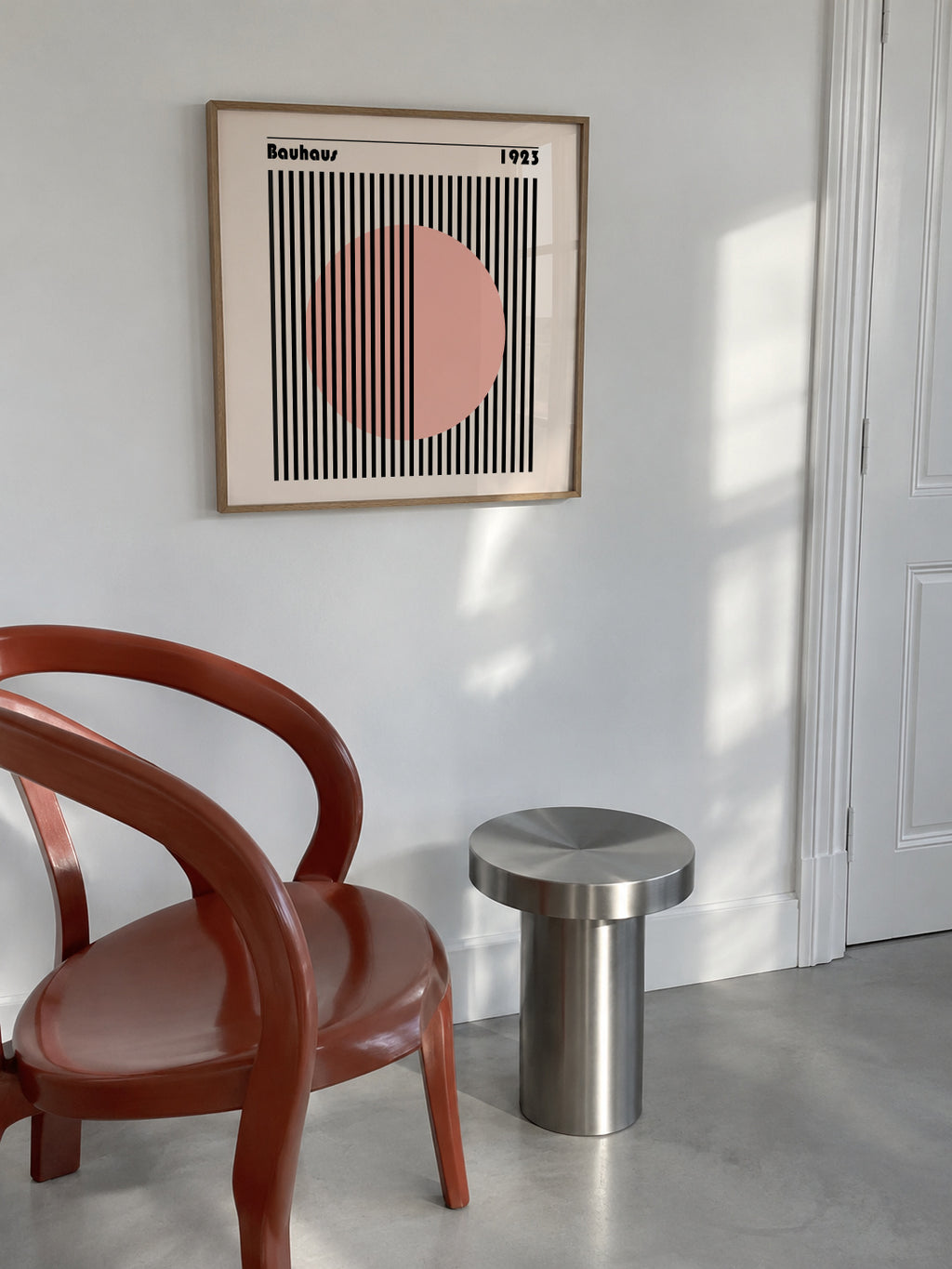 Bauhaus Pink Circle II - Framed poster in an interior