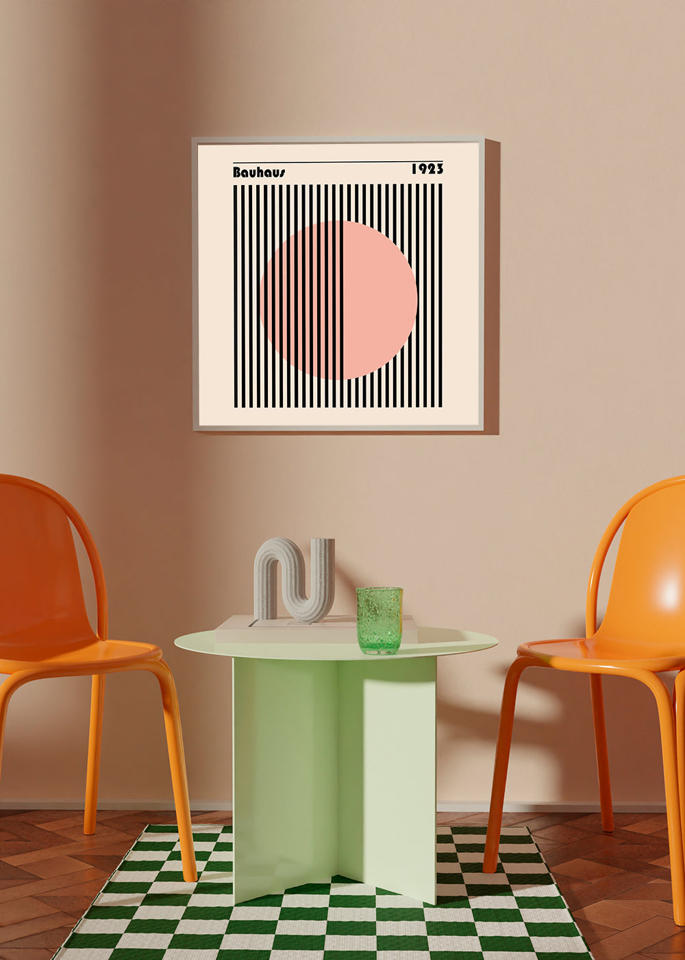 Plakat geometryczny Bauhaus różowy okrąg i paski