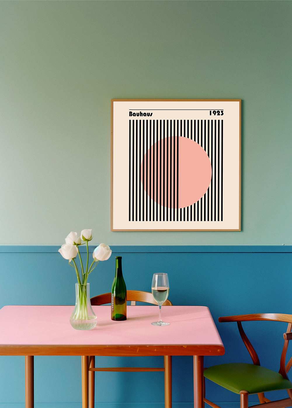 Plakat geometryczny Bauhaus różowy okrąg i paski