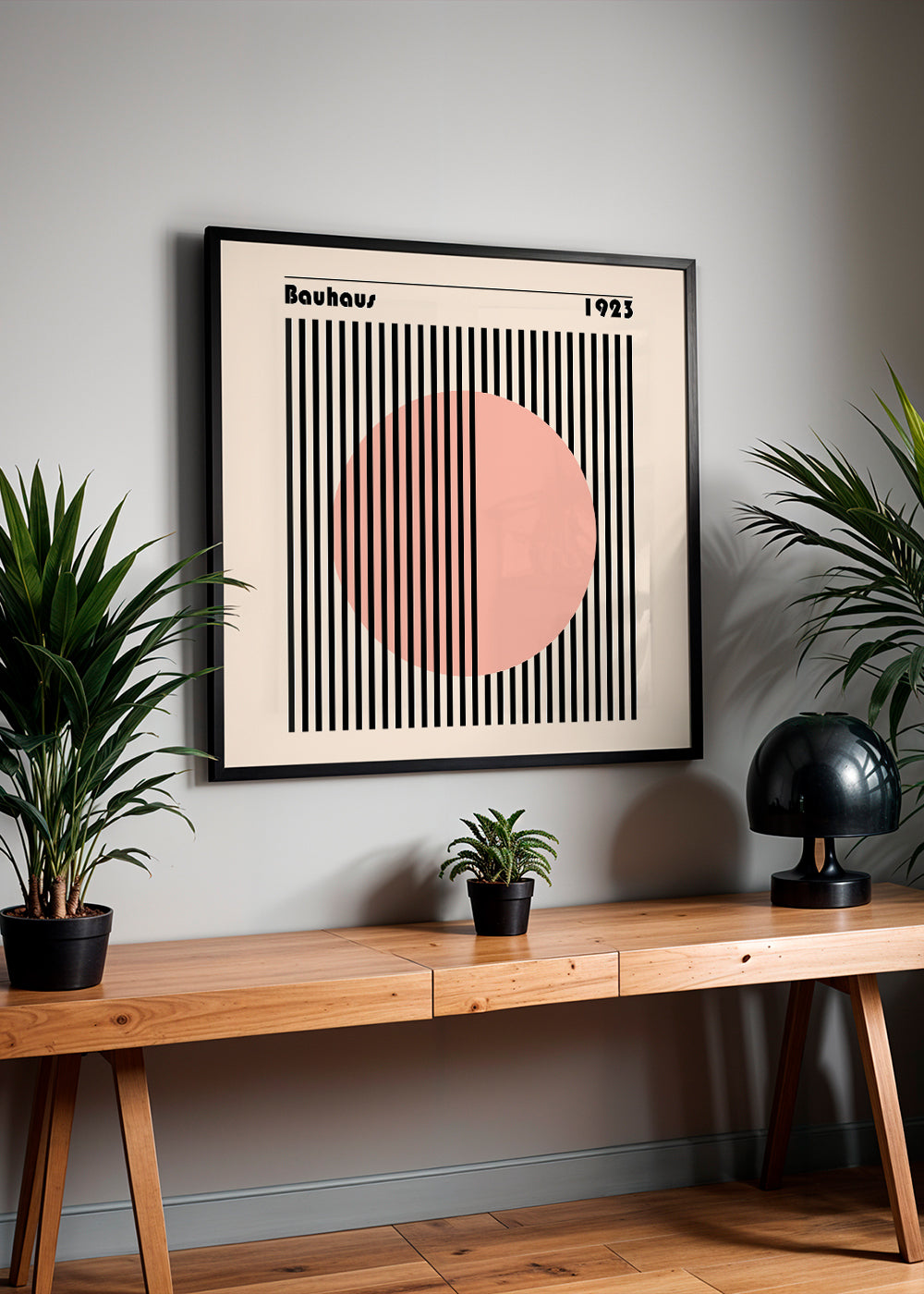 Plakat geometryczny Bauhaus różowy okrąg i paski