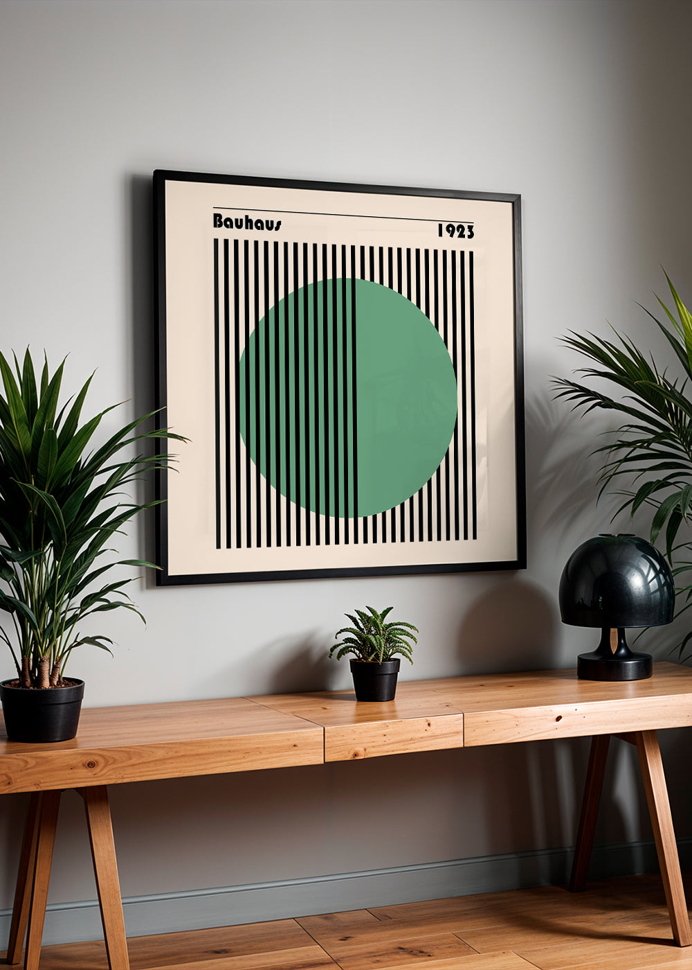 Plakat geometryczny Bauhaus z zielonym kołem