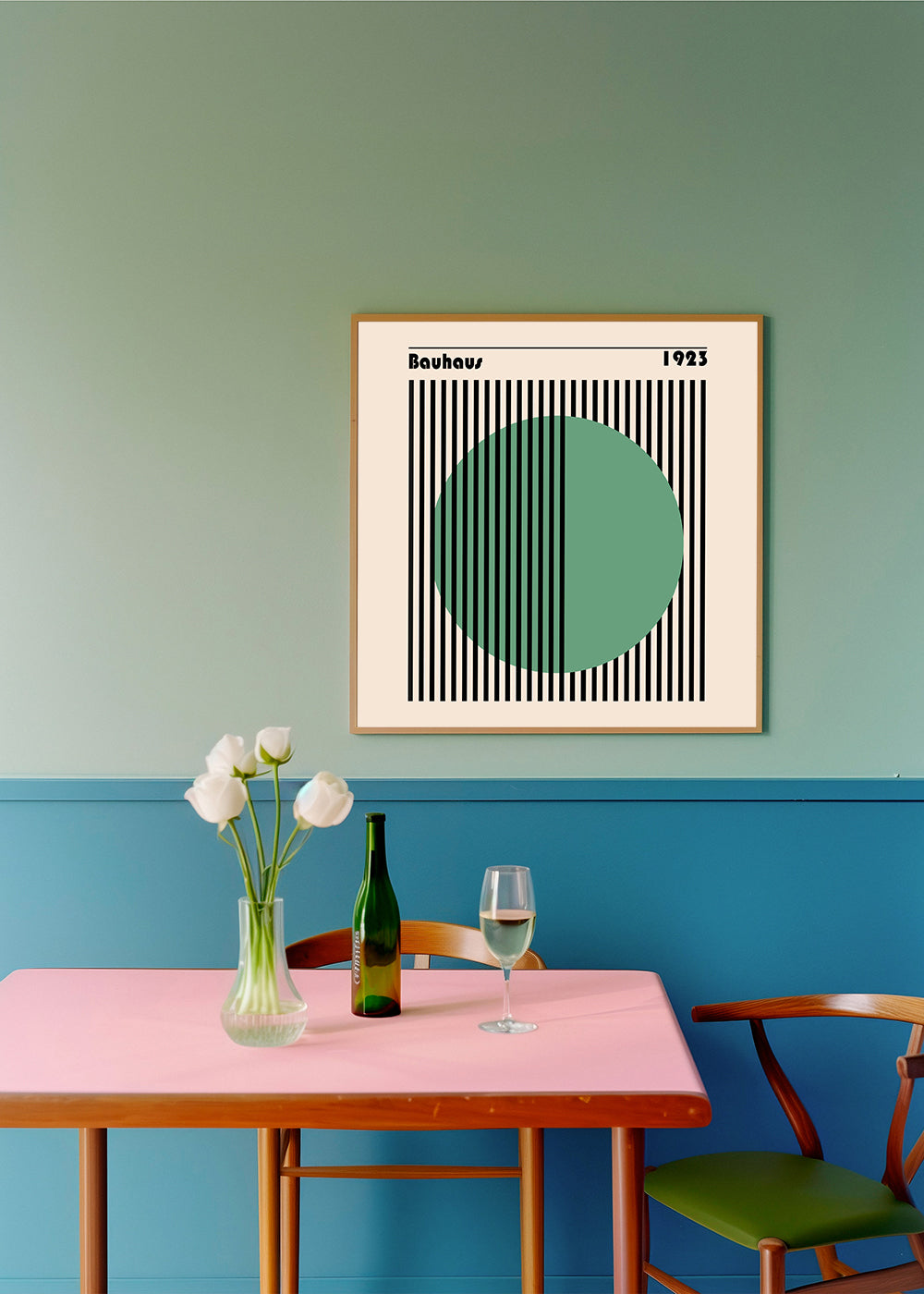 Plakat geometryczny Bauhaus z zielonym kołem
