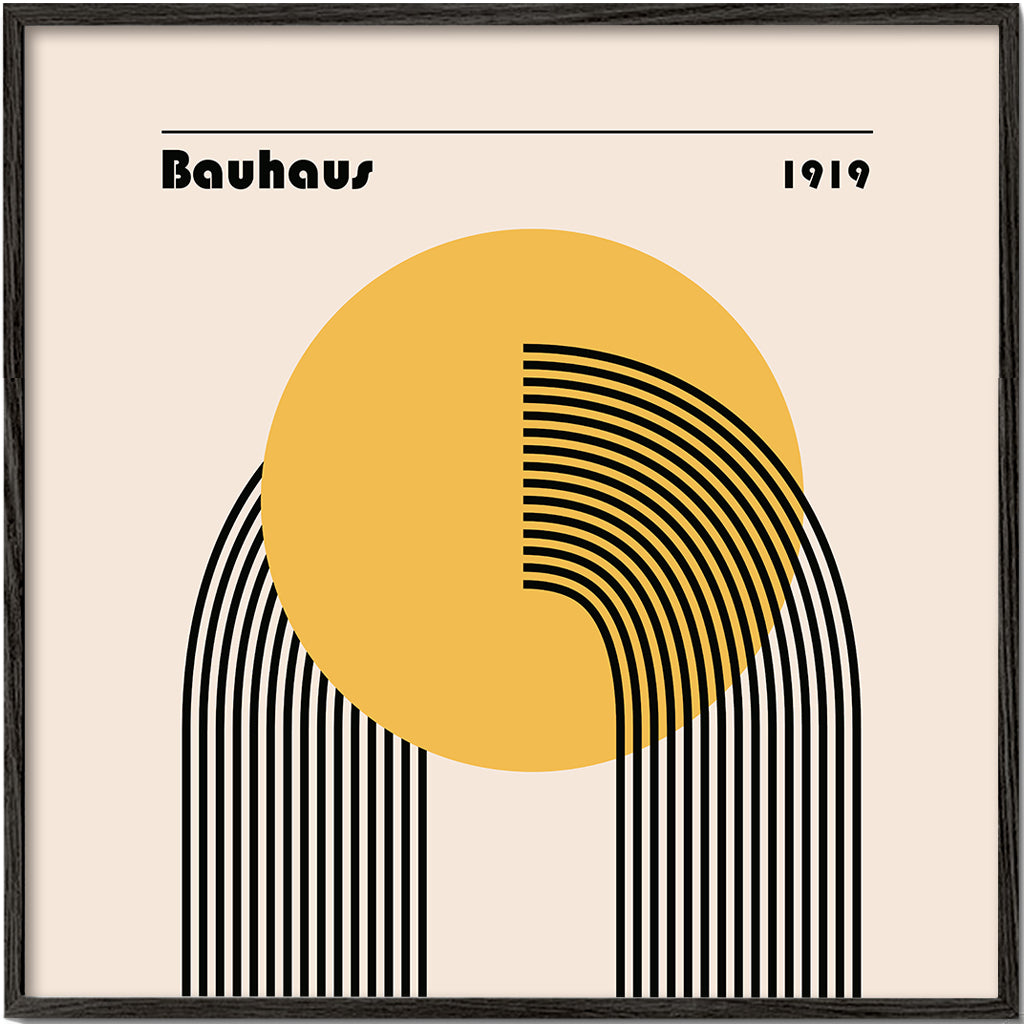 Plakat geometryczny Bauhaus żółte słońce i łuki
