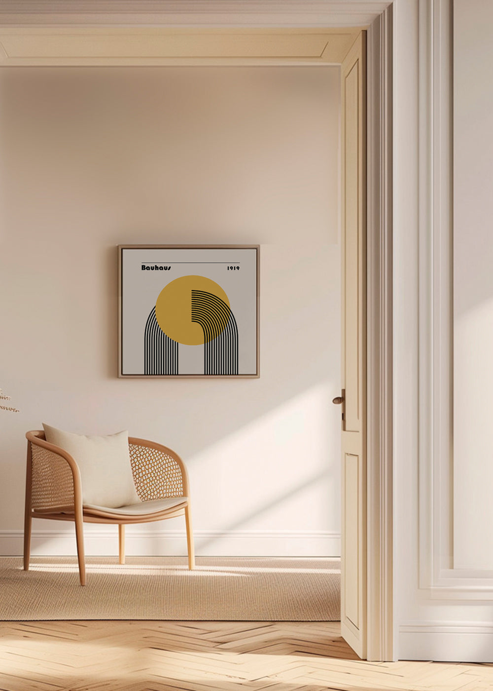 Plakat geometryczny Bauhaus żółte słońce i łuki