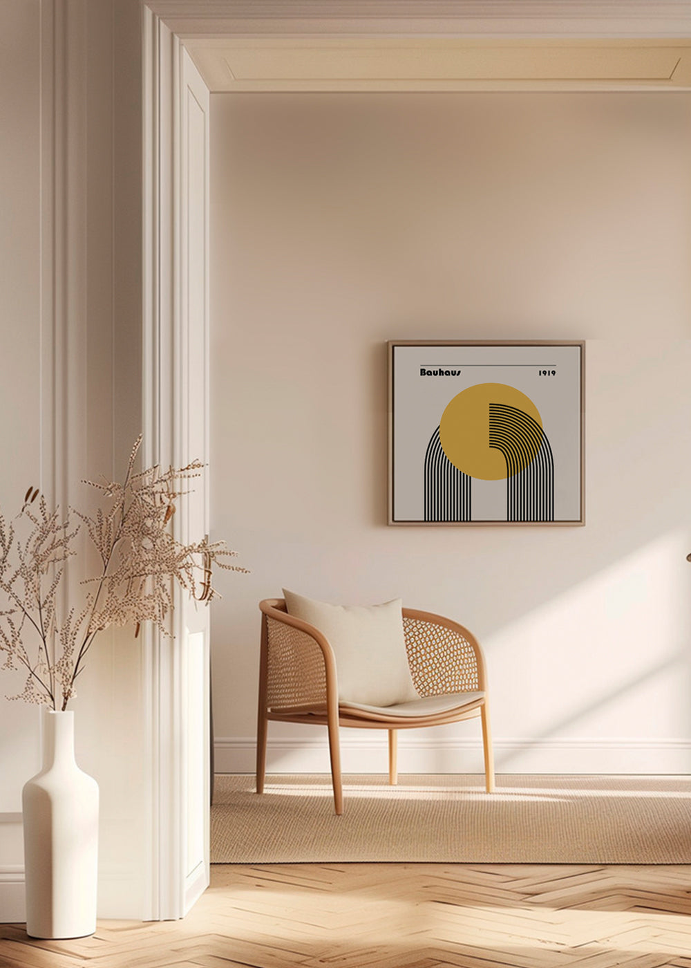 Plakat geometryczny Bauhaus żółte słońce i łuki