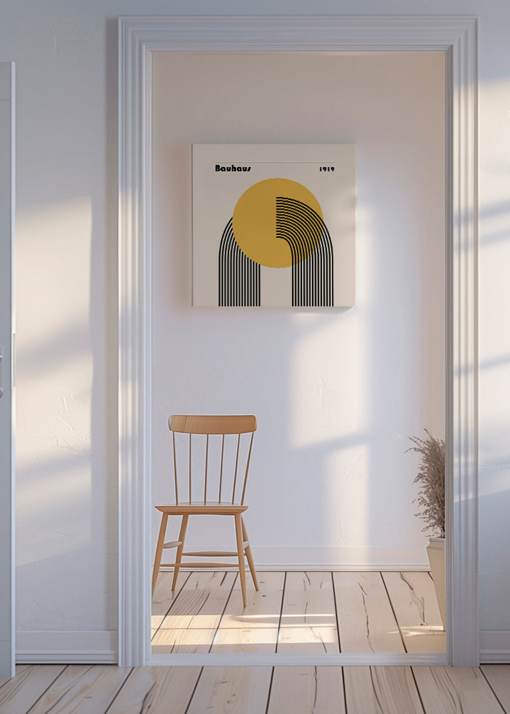 Plakat geometryczny Bauhaus żółte słońce i łuki